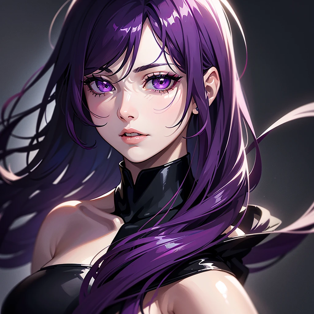 Girl purple hair Black blouse Medium breasts Black eyes Cartoon full body