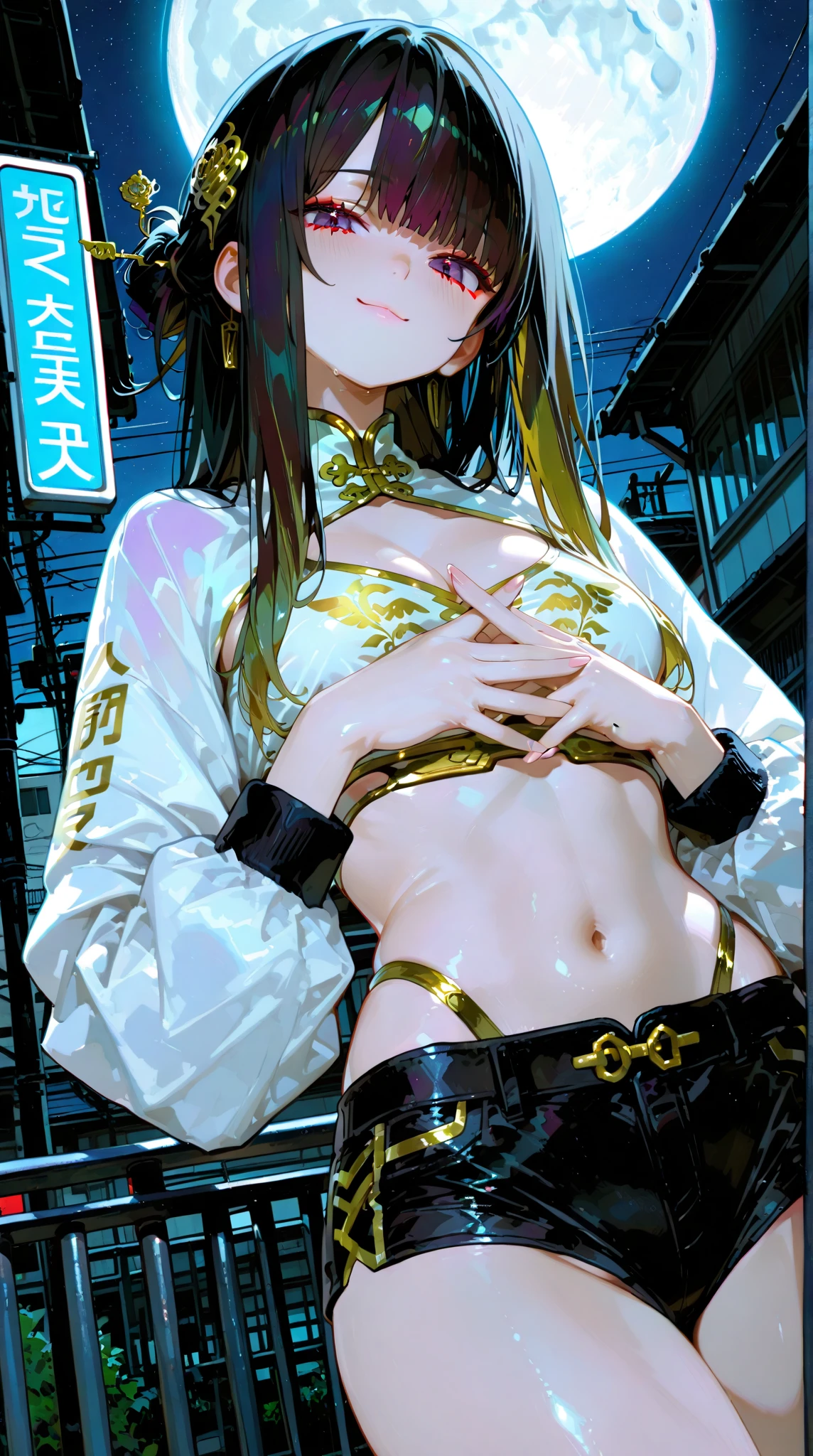 Honor student,Beautiful black hair,long hair,(Straight Hair),high school girl,(boyish),Dark Eyes,Muscular,tall,(Slim body),((A confident smile)),Medium Bust,Yellow biker jacket,(Gold Bikini:1.3),(High cut denim shorts:1.4),Gold bracelet,Gold earrings,sunglasses