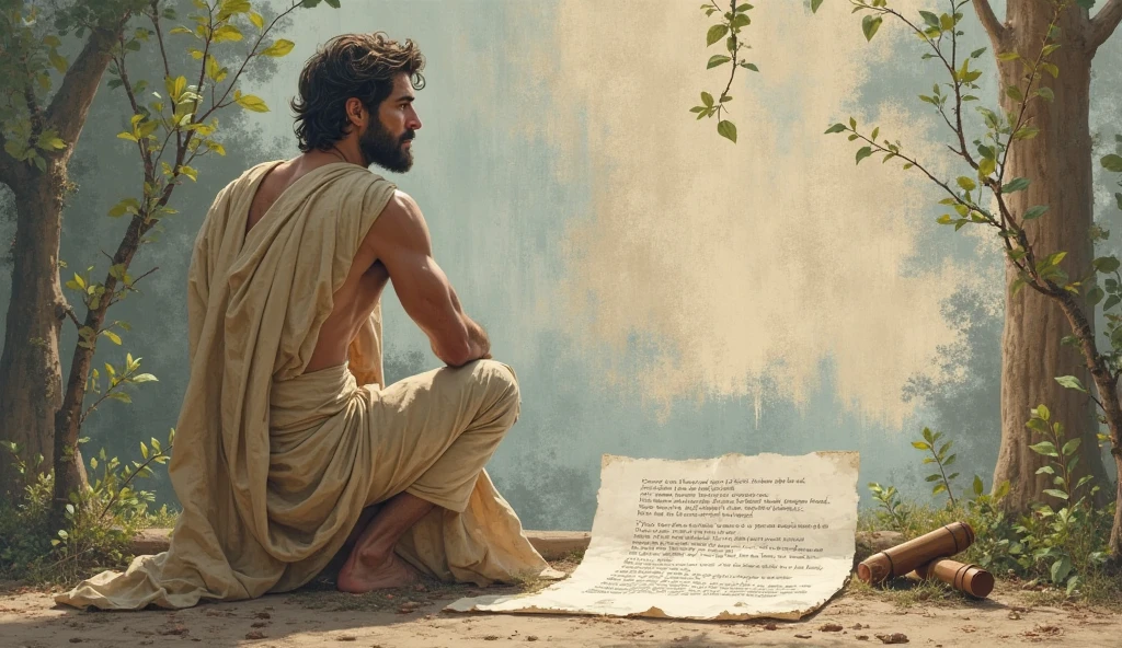 A male stoic philosopher with a well-proportioned and attractive physique, not excessively muscular. He is wearing classic tunics, slightly transparent, that gently drape over his body, subtly revealing parts of his chest and shoulder, with a very short and well-groomed beard, and wavy, well-stylized hair. The philosopher is sitting calmly with a contemplative expression, holding a scroll with Seneca’s quote, ready to impart wisdom on accepting reality. The scene is set in a vibrant, impressionist landscape with rich colors and dynamic brushstrokes, creating a sense of movement and emotion. The background has a subtle texture that adds depth but complements the text without overpowering it.