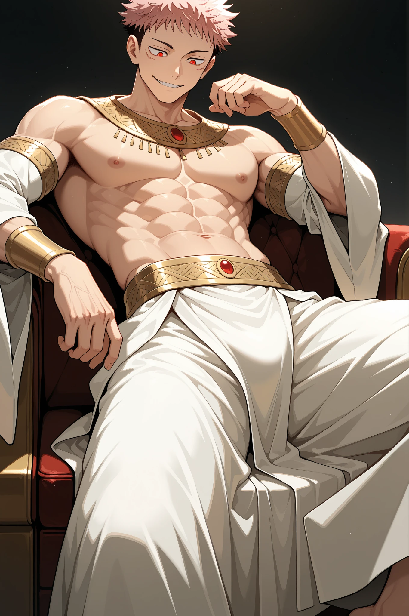 Masterpiece, Best Quality, high resolution, Reval (Nintendo character) sitting on a gem-encrusted gold throne staring at you with your hands on your penis