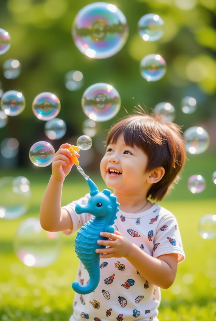 Foreign boy with bubble gun ，([Tail | detailed wire]:1.3)，(Complicated details)，hdr，(Complicated details，ultra - detailed:1.2)，Cinema lenses，Vignette，at centre