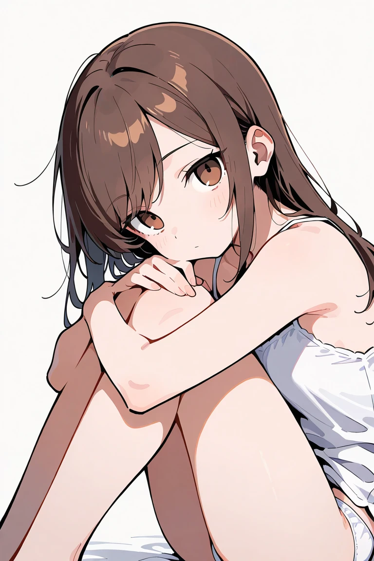 ((masterpiece:1.3, highly detailed:1.3, highres:1.1, best quality, HD, full image)),((miko iino, blunt bangs, (brown eyes:1.5), brown hair, hair tie, long hair, low twintails, twintails, collarbone)), ((naked, nude, white bra, white panty)), ((indoors, classroom, window background, trees)), looking at viewer, (masterpiece:1.2), best quality, high resolution, unity 8k wallpaper, (illustration:0.8), (beautiful detailed eyes:1.6), extremely detailed face, perfect lighting, extremely detailed CG,(perfect hands, perfect anatomy))),((sexy pose, different hand pose, standing))