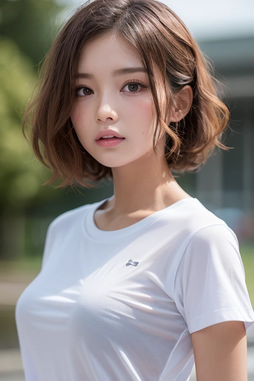 ((Highest quality、In 8K、masterpiece:1.3))、Sharp focus:1.2、Beautiful woman perfect body:1.4、Slim Abs:1.2、((Short Hair:1.2))、(trendy fashion in tokyo、T-Shirts:1.1)、Background white、Wet body:1.5、Three-dimensional texture、Detailed eyes、（Brown Hair、Black Hair:1.2)、Very shiny hair、Backward view、Hair quality improvement、Handsome short、Short-haired blonde。