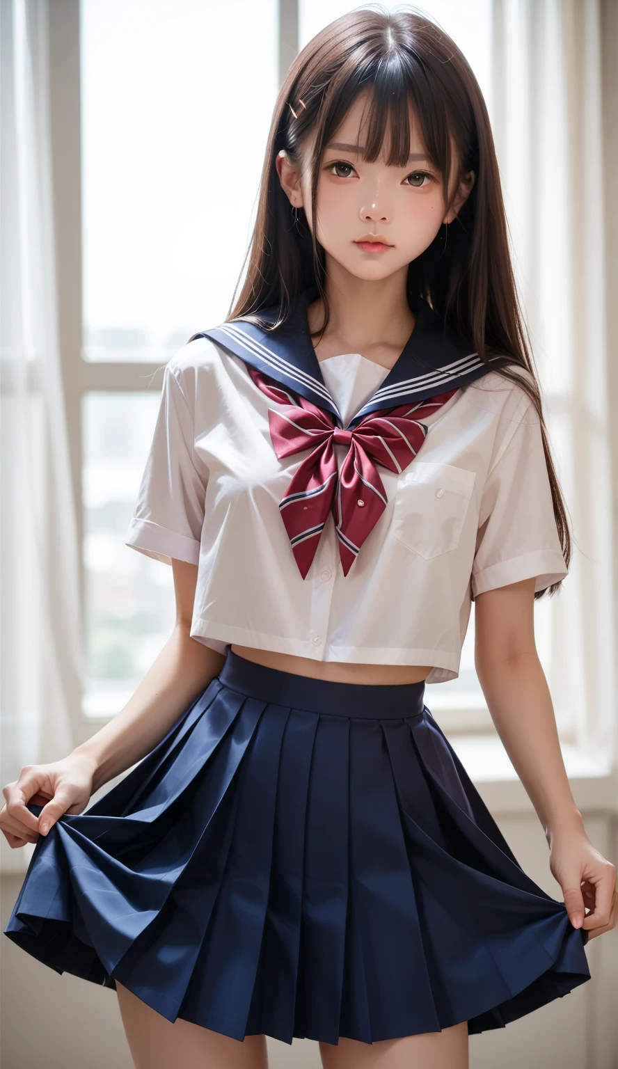 RAW photo, 1girl, yangchaoyue_asian_v1, schoolgirl, pale skin, (student uniform:1.2), (black hair), long hair, (white stockings:1.2), (high detailed skin:1.2), 8k uhd, soft lighting, high quality, film grain, Fujifilm XT3