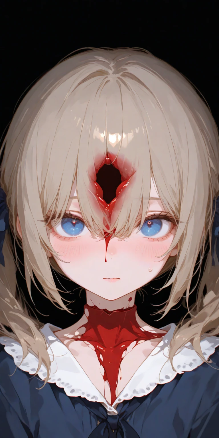 face only, bags under eyes, a psychopath girl, 1girl, solo, small girl, small chest, (blood on clothes:1.5), petite, standing, messy hair, very long hair, bags unders eyes, light brown hair, light hair, pointy hair, spike hair, medieval winter clothes, fur dress, white dress, forest background, trees, night, moon, hypnoLora, empty eyes, blue empty eyes, masterpiece, illustration, portrait, sketch, sketch lines, anime screen cap, artstyle, cold lightning, grin, smile, evil, blood,