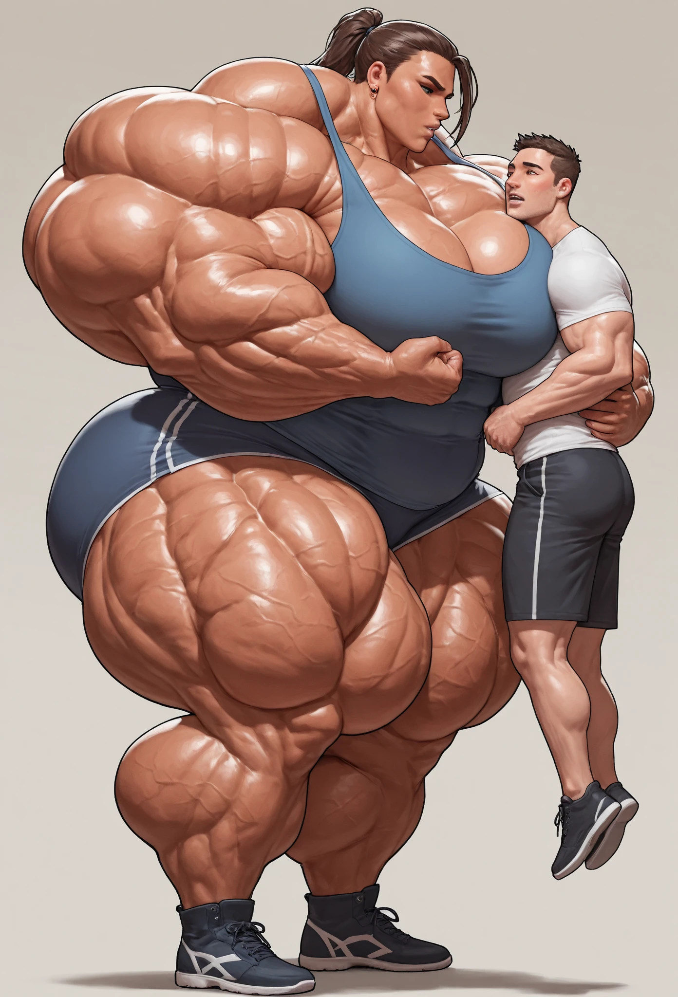 Woman in black bikini and small man in white shirt, weak and small man, thin and small physique, Very beauthful. , ,weak and defenseless man, small physique, , muscular ultraviolent woman, muscular and scary, absurdly huge physique, big muscles, extremely muscular woman,