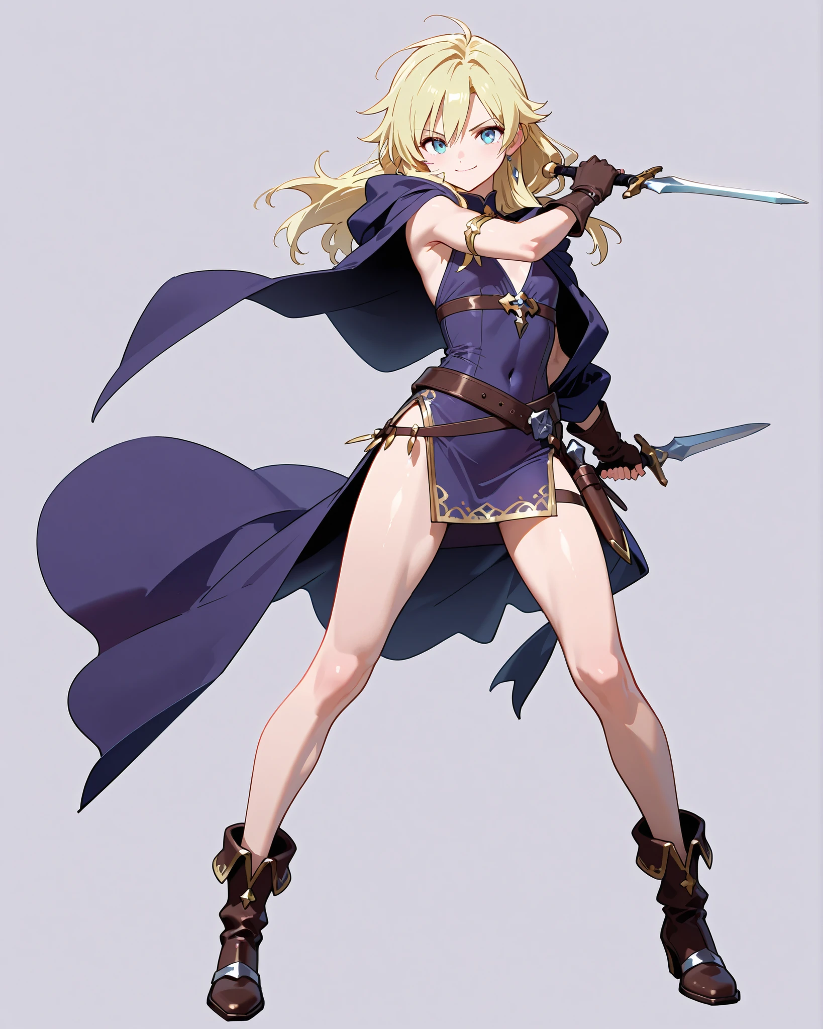 masterpiece, best quality, 1girl, breasts, solo, blonde-hair, blue-eyes, pelvic-curtain, navel, armor, large-breasts, ponytail, cape, cleavage, sword, gloves, weapon, looking-at-viewer, smile, boots, fingerless-gloves, full-body, very-long-hair, standing, revealing-clothes, bikini-armor, black-gloves, fur-trim, simple-background, thighhighs, stomach, hand-on-hip, gauntlets, shoulder-armor, hair-bow, closed-mouth, bow, high-heels, midriff, armored-boots, hand-up, thigh-boots, thighs, ribbon, hair-between-eyes, v-shaped-eyebrows, blush, hair-ribbon, sheath