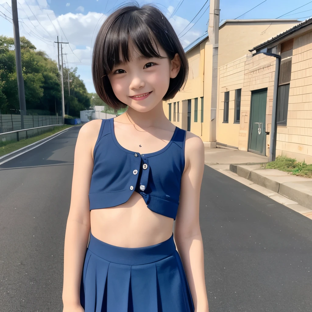 Two 10-year-old, Japanese elementary school girls, 110 cm tall and small titsed, (Flat chest), are walking to school wearing Baby blue high cut micro mini skirt, Baby blue high cut micro mini tank tops, (navel-baring), and carrying randsel,