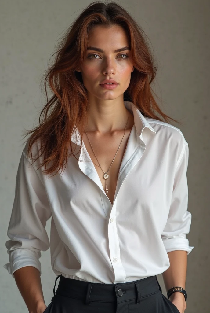 a photo of a seductive woman with loose styled redhead hair, posing in dark studio, she is wearing Button-up Shirt and Trousers, intricate details, goosebumps, flawless face, shy, prude, (light freckles:0.9), ((photorealistic):1.2), raw