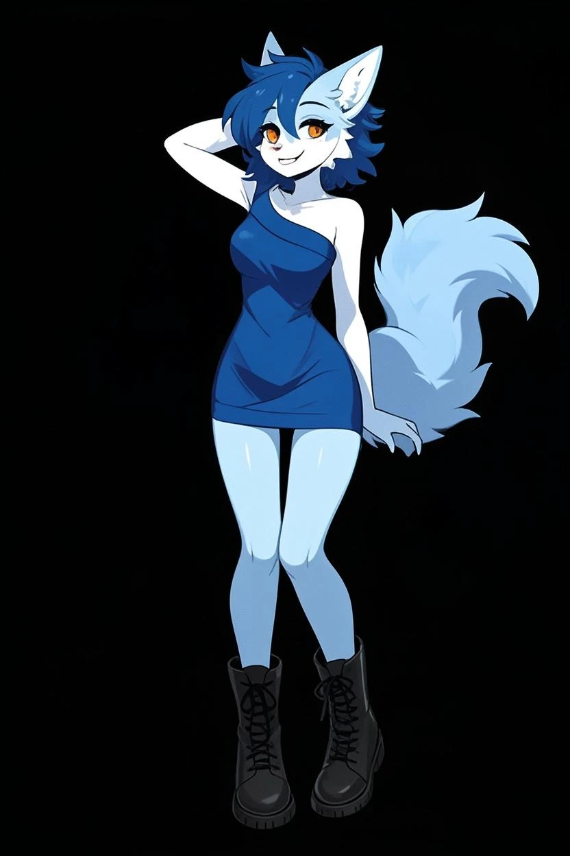 Furry wolf female protogen anthropomorphic white fur pink eyes blue ears wearing a black tank top headshot view