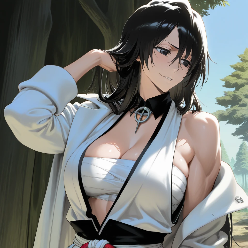 tmasterpiece, Best quality at best, 1girll,(waistup:1.5) ,sasuke, Large breasts,(upperbody closeup),Raised sexy,is shy,ssmile,Black hair, (Black eyeballs:1.4), exteriors