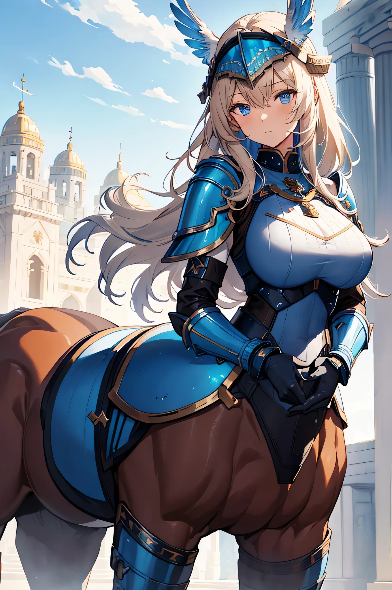 4K,High resolution,One Woman,centaur,Blonde,long hair,Blue Eyes,Brown fur,Valkyrie,White sacred armor,Full Armor,White gloves,Winged headgear,Jewelry decoration,Holy Sword,Temple in the Sky