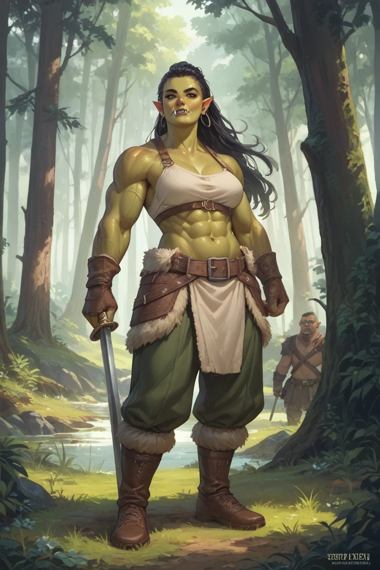 (((solo))), female-orc, tall, High quality, highly detailed, masterpiece, RAW photo, best quality, (small biceps), (cute feminine face), ((no abs belly), thin waist, (((green skin))), (thin hips), big nose, thick lip, black hair, ((loose hair)), long hair, (pleasure), very sweaty, cinematic lighting, lush illumination, (thin arms), (thin legs), big lips, small breasts, Barbarian, bracer, fur trim, ((pelvic curtain)), muted colors, (full body)