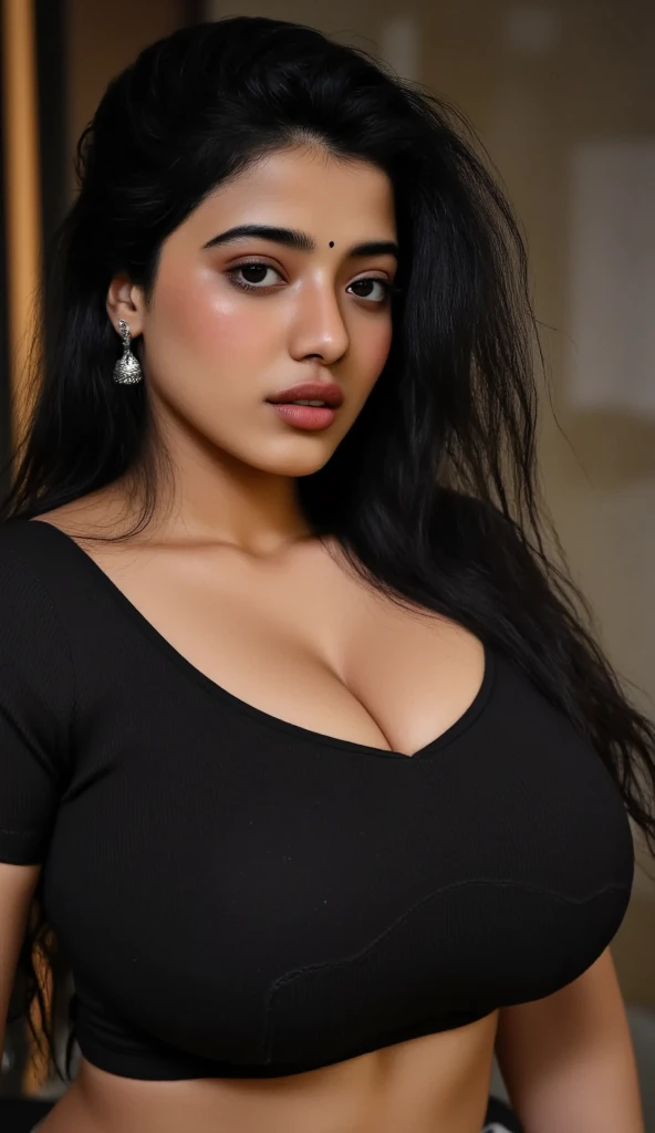 Srabanti Chatterjee bengali actress beautiful actress sexy curvy plus size model woman in a Black Bridal Fallen Angel Devil Vampire Witch Dress in jungle, manga mala necklace ornament in necklace for wedding, Head Jewelry for wedding, busty, small curvy, mid body shot, she has a jiggly fat round belly, thick body, jungle background.