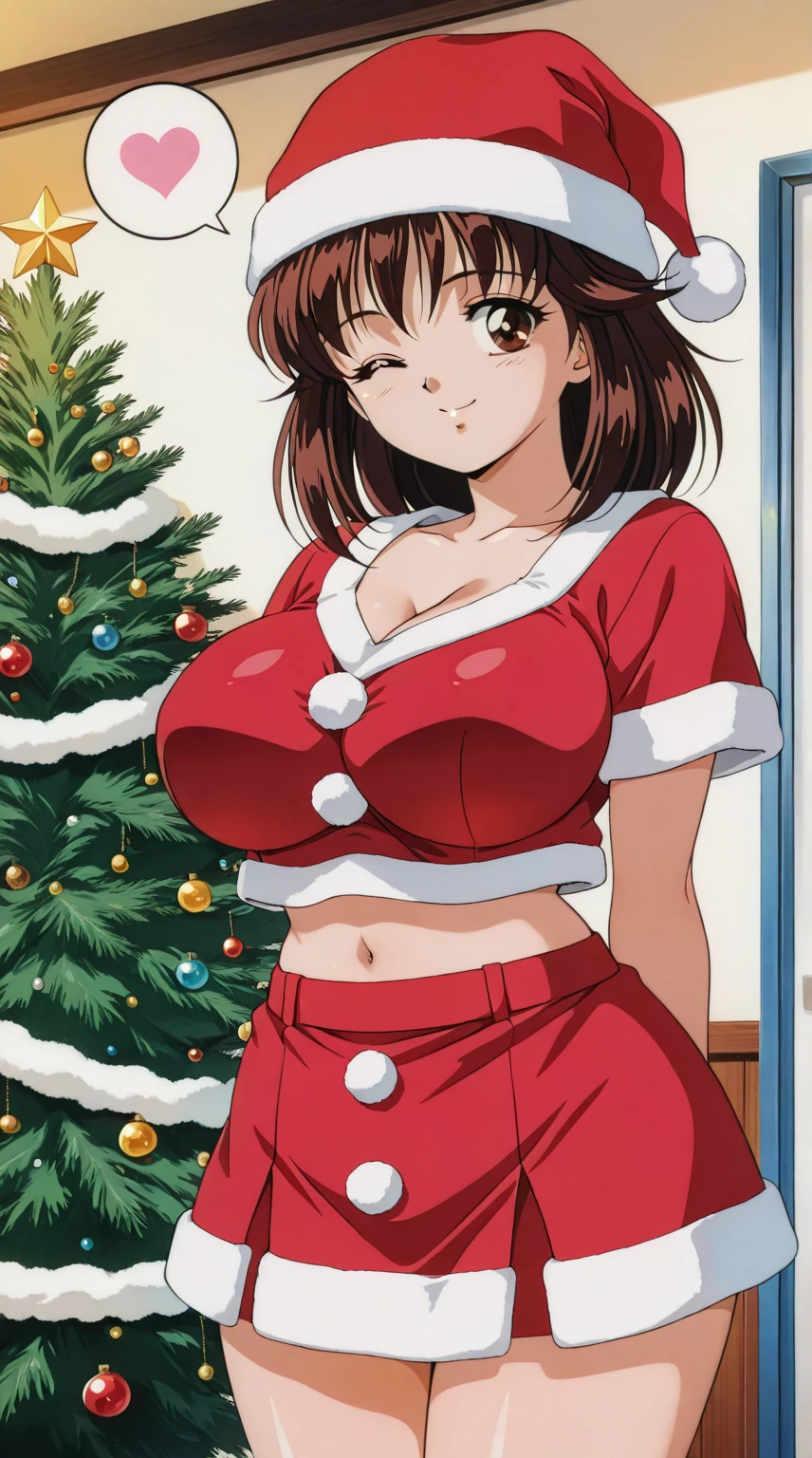 2heads, a short fat woman with 2 heads. She has massive breasts. She is outside in a snowy Christmas village. She is wearing a skimpy Santa Claus outfit. She is wearing a Christmas hat. She has enormous fat breasts. She is extremely short. She is extremely fat. She looks flirty. She looks seductive. She is blushing. Her breasts are gigantic and fat. She has long straight dark brown hair. She looks mature. She looks motherly. Her breasts are enormous.