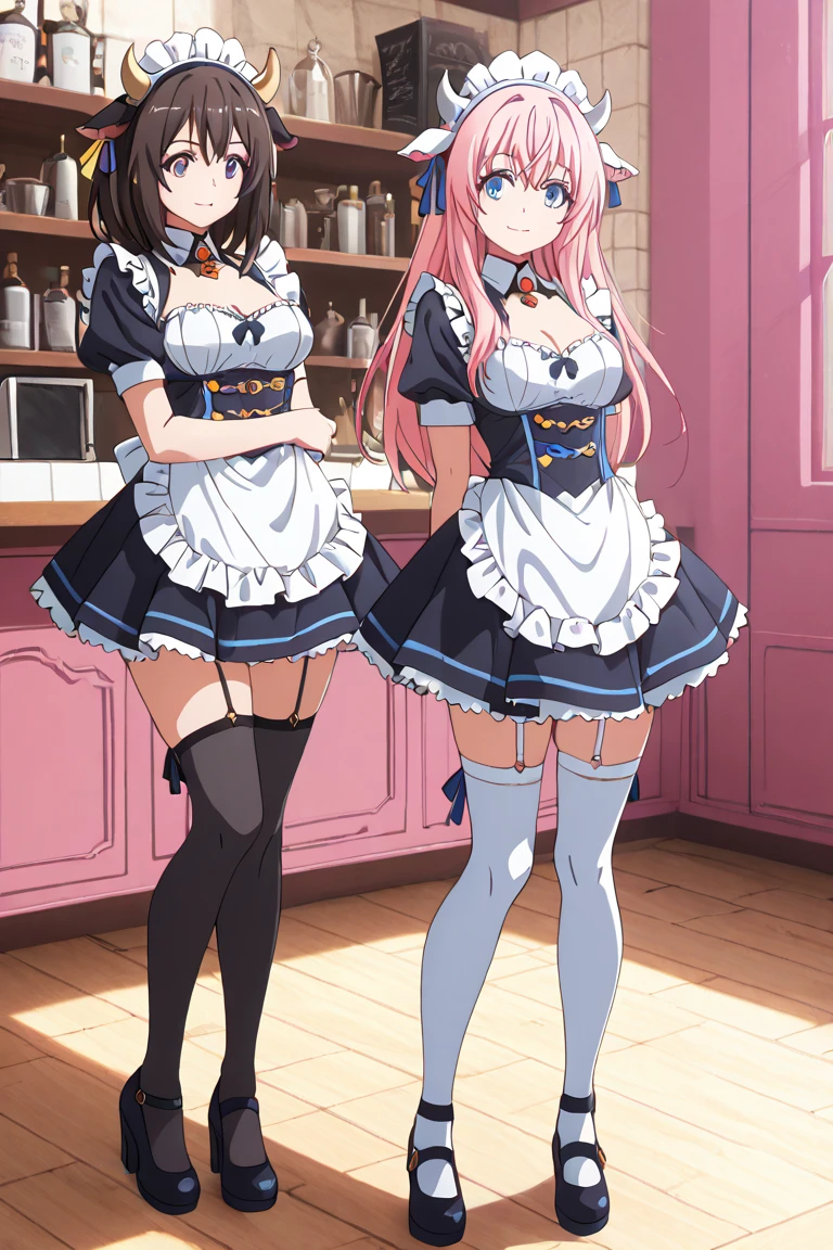 highest quality, masterpiece, ((2 girls:1.5)), ((smile:1.3)), (blush:1.3), Black Shirt, blouse, ((fun!!)), (Small breasts), Blonde, (Long sleeve), ((White apron:1.5)), ((Maid)), ((hair ornaments)), Kamimei, look at me, ((in house:1.5)), Taking a break from watching the audience, Cowboy Shot, (skirtlift:1.3), (Highly detailed pink striped panties:1.3), (Highly detailed panties:1.3), (skirt that rolls up:1.3), (Panties fully exposed:1.5), Light blue eyes, long hair, Glowing Eyes