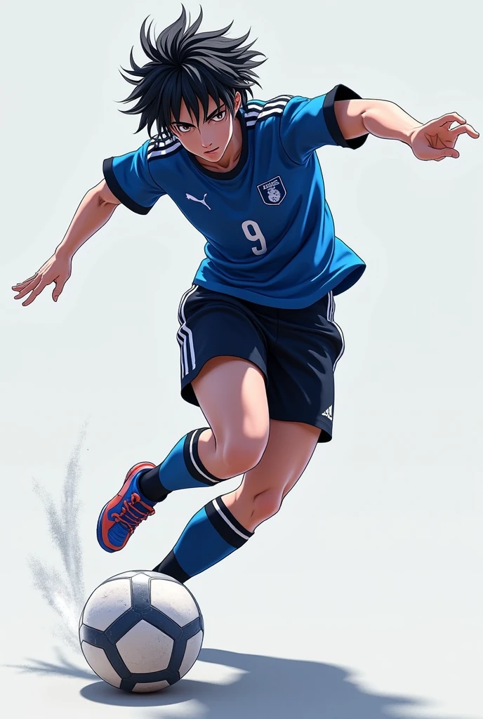 (anime ,2D) Women, soccer player , average height ,clear skin,thin face ,serious expression,blue eyes,black hair , waist length ,fringe ,collected in a ponytail,Skinny body,big breasts,small waist, France national team uniform, In a soccer field ,kicking a ball with a super technique.
