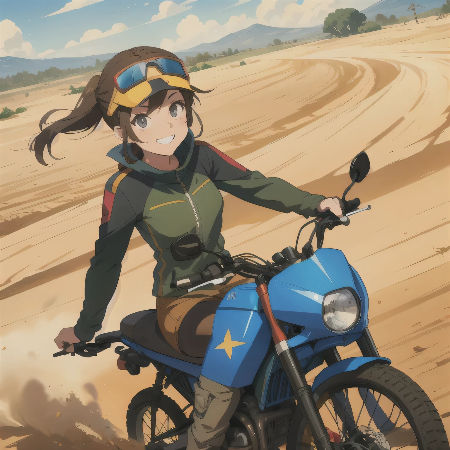 (cel_shading),
1girl,flight goggles,riding a motobi \(mtb umk\),smile,dirt road,dust,
BREAK masterpiece,best quality,