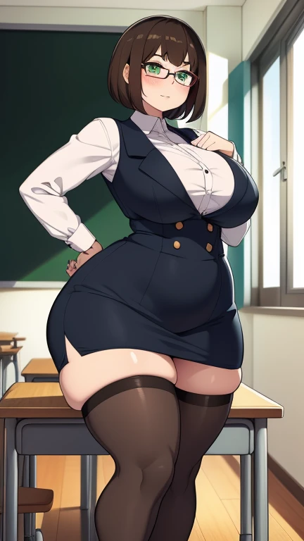 ((highres)), Masterpiece, high quality, best quality, beautiful, perfect lighting, detailed face, ultra cute face, ((1girl)), ((solo), long blonde hair, ponytail, blue eyes, glasses, ((blush)), embarrassed, looking at viewer, arms crossed, standing in a classroom, (office), daytime, dress shirt, pencil skirt, thigh highs, wide hips, ((thick thighs)), ((plump)), medium breasts, perky breasts, 24 year old female,