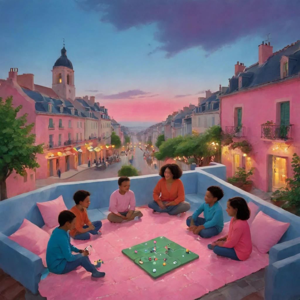 Here's a detailed prompt for an image of four ren playing Ludo:
"Create an image of four happy ren, two boys and two girls, sitting around a Ludo board in a cozy living room. The ren are all smiling and engaged in the game, with one boy rolling the dice and another girl moving her game piece. The Ludo board is colorful and has a classic design, with numbered squares and different colored sections. The ren are all dressed in casual clothing, such as t-shirts and jeans, and are seated on comfortable cushions or pillows. The background is a warm and inviting living room with a few toys and books scattered around. The overall mood is one of friendship and fun, capturing the excitement and joy of playing a board game together."
Would you like me to add any specific details?Oil-painting, highly detailed muted beautiful black and white ink painting of paris street, ((pink neon lights from cafees)), atmospheric lighting, wer to wet techniques, dry brush, atmospheric perspective, elegant, beautiful, high detail, by Willem Haenraets, haze, low clouds, 8k, sharp shutter, vignette, lens flare, black and white, comic style