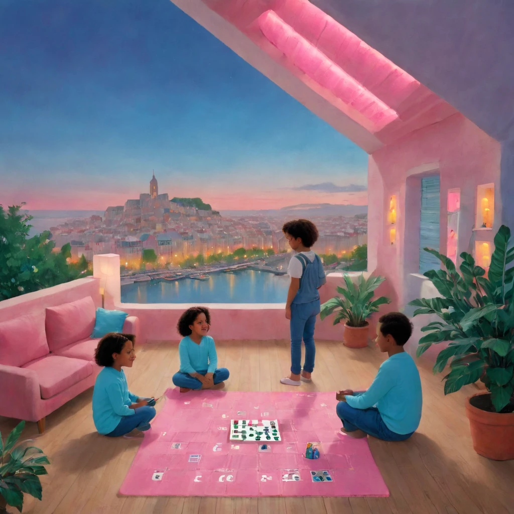 Here's a detailed prompt for an image of four ren playing Ludo:
"Create an image of four happy ren, two boys and two girls, sitting around a Ludo board in a cozy living room. The ren are all smiling and engaged in the game, with one boy rolling the dice and another girl moving her game piece. The Ludo board is colorful and has a classic design, with numbered squares and different colored sections. The ren are all dressed in casual clothing, such as t-shirts and jeans, and are seated on comfortable cushions or pillows. The background is a warm and inviting living room with a few toys and books scattered around. The overall mood is one of friendship and fun, capturing the excitement and joy of playing a board game together."
Would you like me to add any specific details?Oil-painting, highly detailed muted beautiful black and white ink painting of paris street, ((pink neon lights from cafees)), atmospheric lighting, wer to wet techniques, dry brush, atmospheric perspective, elegant, beautiful, high detail, by Willem Haenraets, haze, low clouds, 8k, sharp shutter, vignette, lens flare, black and white, comic style