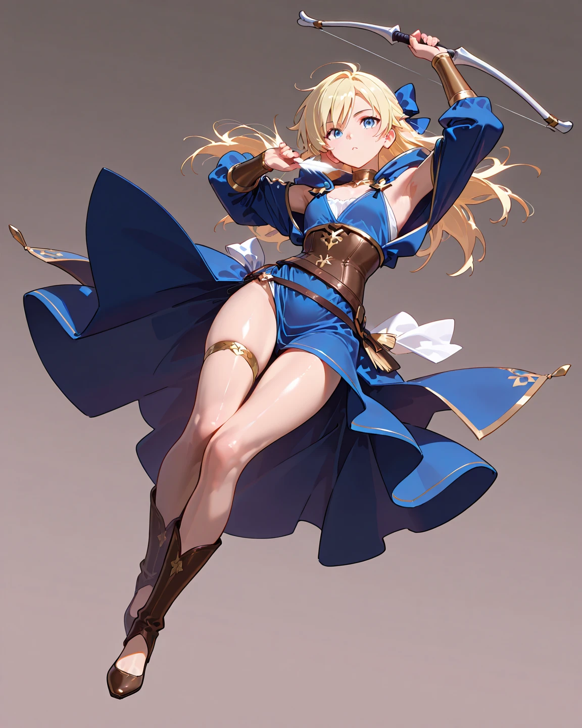 cute girls, 1girl, solo, looking at viewer, red eyes, thighhighs, gloves, dress, holding, full body, weapon, black thighhighs, holding weapon, character name, high heels, blue dress, polearm, blue footwear, blue gloves, brown thighhighs, holding polearm, d cup