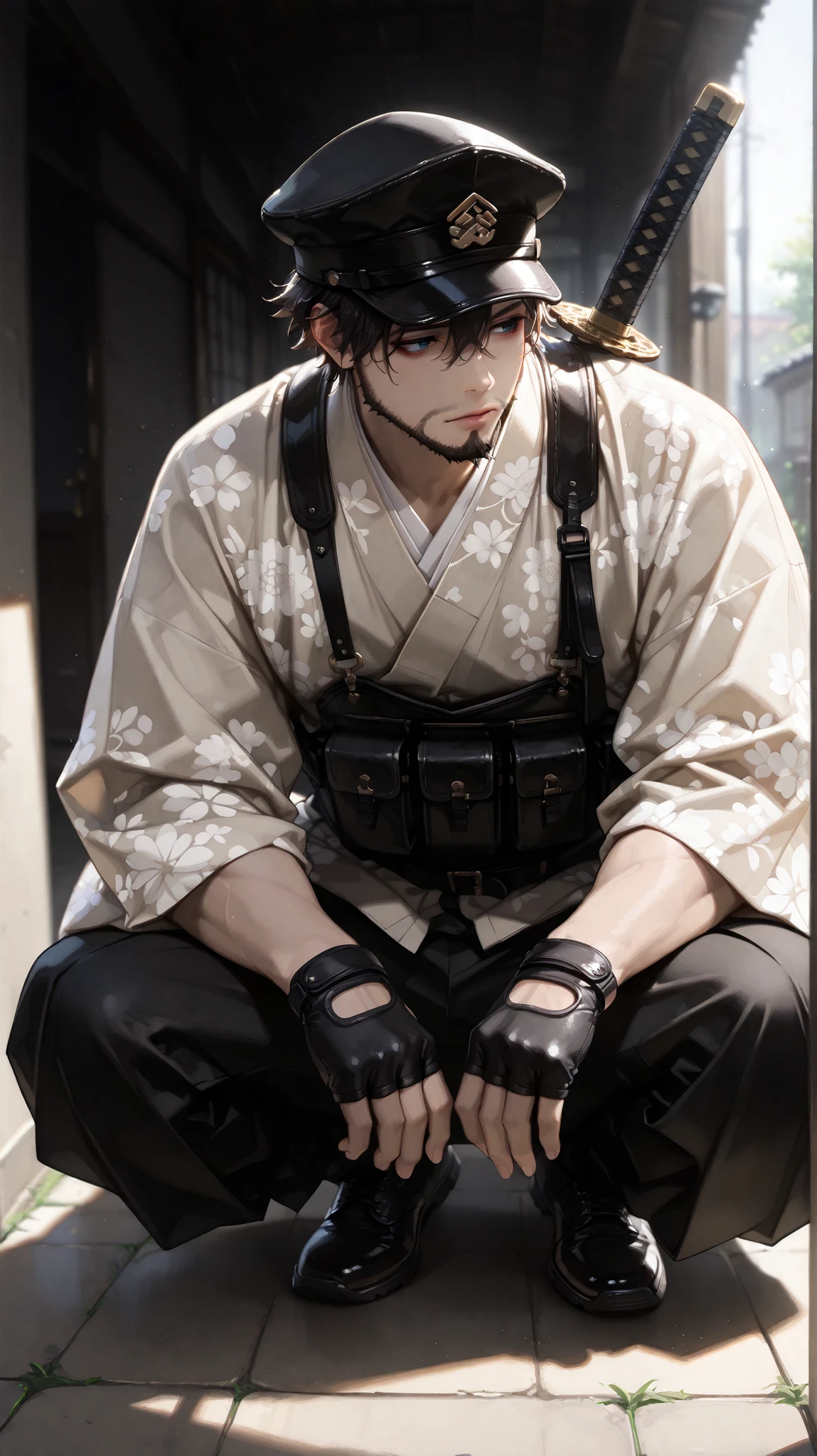 (masterpiece, Highest Quality, High Definition: 1.2), male, Alone,(masterpiece, Highest Quality, Highest Quality:1.2), Highly detailed,most detailed ((Super Detailed)), (Highly detailedCGイラスト), ((very delicate))、floral crochet uniform、 Japanese sword、 Simple Uniforms 、Uniform cap、中年 male性、50代 male性、Beard、shoulder pads