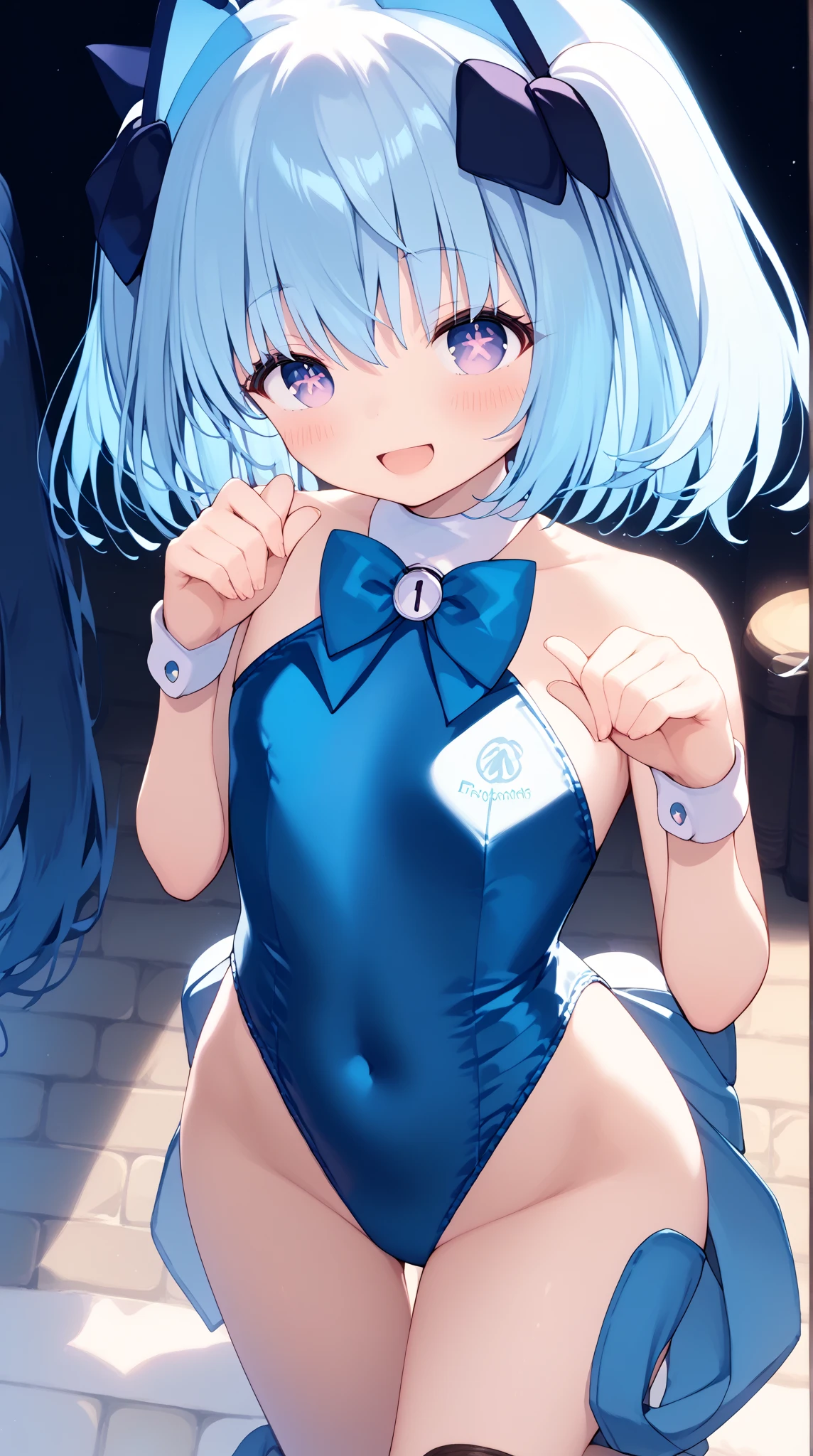 1girl, solo, detailed face, , , long hair,,,my room,looking viewer,side ponytail,small breasts,smile,(((leotard))),,(nsfw),(spoken heart),rabbit ears,bunny girl,bunny suits,fishnet pantyhose,squatting,open legs,spread legs,from below
