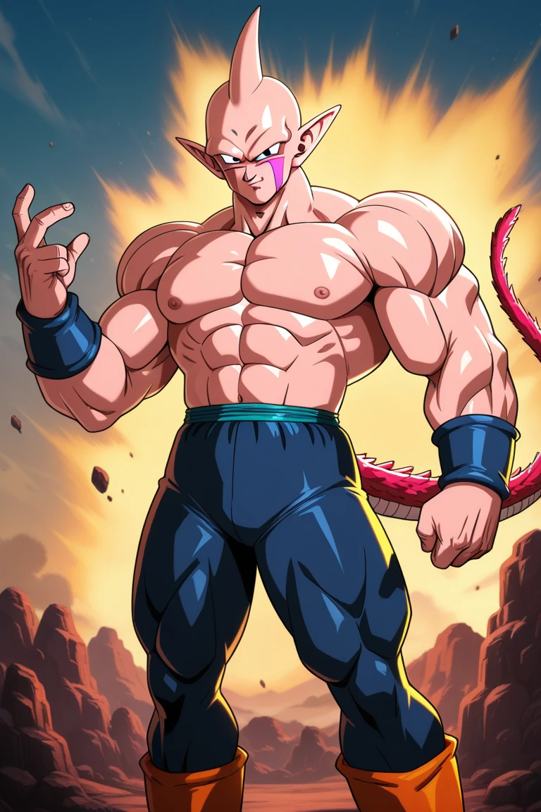 Full body image "(Highest quality, 8k, ultra-detailed), Portraiture, Dragon Ball,majin vegeta, Muscular, Calm, Fearless smile, detailed, Blonde, strict, Intimidating, Powerful, Show off his strength", Brainwashed and possessed by Majin Buu,Controlled by an evil heart,Demon body and wing tattoo on forehead,Black slimy tentacles