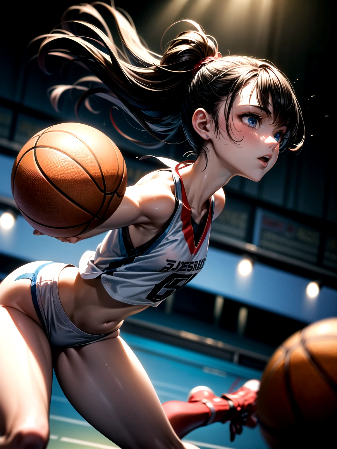 Ultra-realism, Detailed and realistic skin texture, Detailed and intricate texture, Detailed and intricate brushwork, Detailed and clear depiction, Anatomically correct, Absurd aesthetics, BREAK Back view, Basketball game, A spectacular dunk, Sweat all over, Expression of pleasure, aesthetic, sense of superiority, Charm, confidence, Fascinating, Alluring, adult, , BREAK A Bold Perspective, Inspiring composition, Backlight, A dark background that makes the subject stand out, dramatic cinematographic lighting, Transparent Full color, Dynamic shot, (shot from above:1.3), BREAK Re-drawing into a clear and vivid work, highest quality render, Highest quality, Highest Resolution,