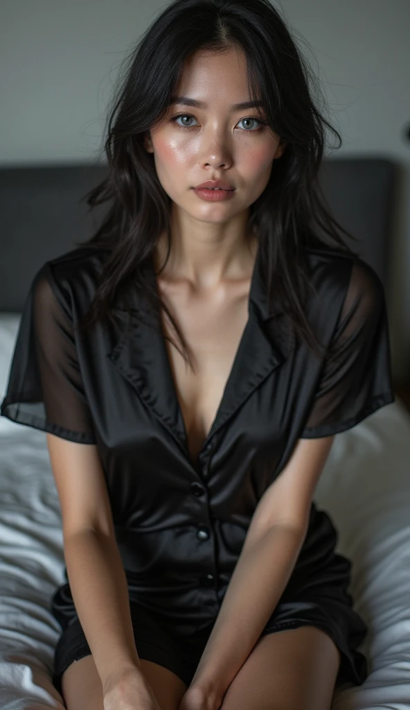 The close-up emphasizes her from the chest up against a deep, moody backdrop. She wears a black, lace-trimmed bralette under a sheer, dark green blouse with an open neckline. Her warm ivory skin and the intricate lace details of her bralette are subtly highlighted. Her black hair is styled in sleek, straight lines. She gently adjusts the collar of her blouse with one hand while her other hand rests on her chest, showcasing the delicate lace and the rich color of her blouse. Her sophisticated expression is complemented by the soft, focused lighting.