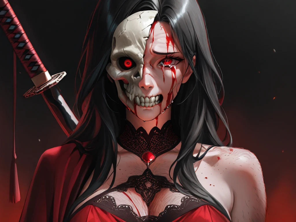 lacus4, (Decaying Skull with Red Liquid, Mysterious Black-Haired Woman in Gray Kimono, Engulfed by Flames, 4K, Best Quality, Anime Style: 1.9), Solo, (Slender Figure with Long Black Hair and Scapular), Surrounded by Intricate and Detailed Fire, (Decaying Skull with Metallic Shine and Red Liquid, Dripping onto the Woman), (Red Liquid Flowingly Coating the Woman's Body), (Eyes Closed with an Eerie Smile on her Face), (High Resolution, Carefully Drawn Lines), (Setting in