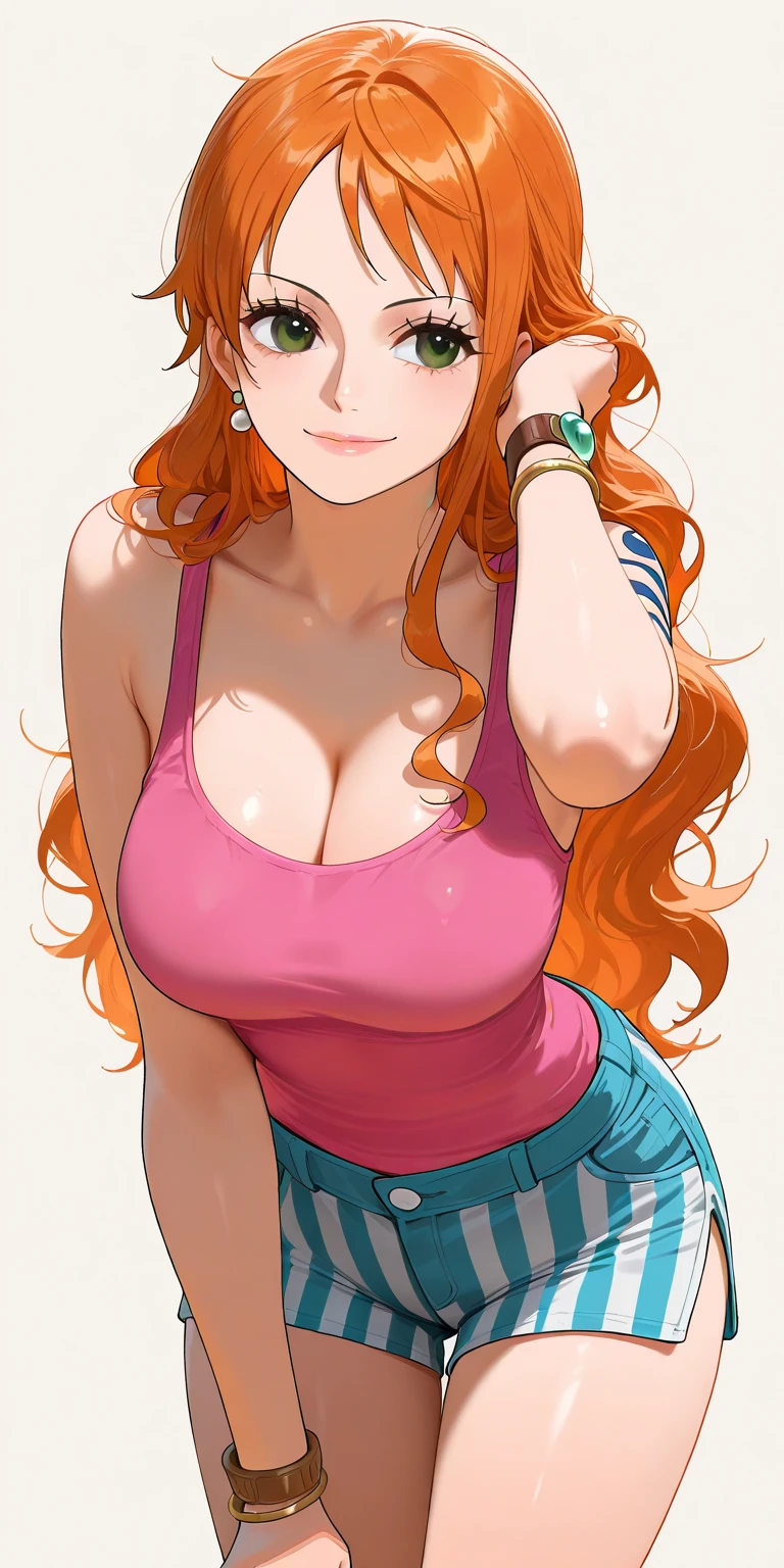 big lips, Nami&#39;s fur (One Piece), pink eyes, japanese face, improve, improve grin, two sides up, huge breasts, Wide hips, sexy, detailed, pink room, Hits, (evil smile1.4), kawaii, nami skirt (One Piece), One Piece, GOOD, nami costume(One Piece), nami skirt(One Piece), nami shirt(One Piece), choker, nami skirt(One Piece), nami shirt(One Piece),navel piercing, cosplay de nami(One Piece)