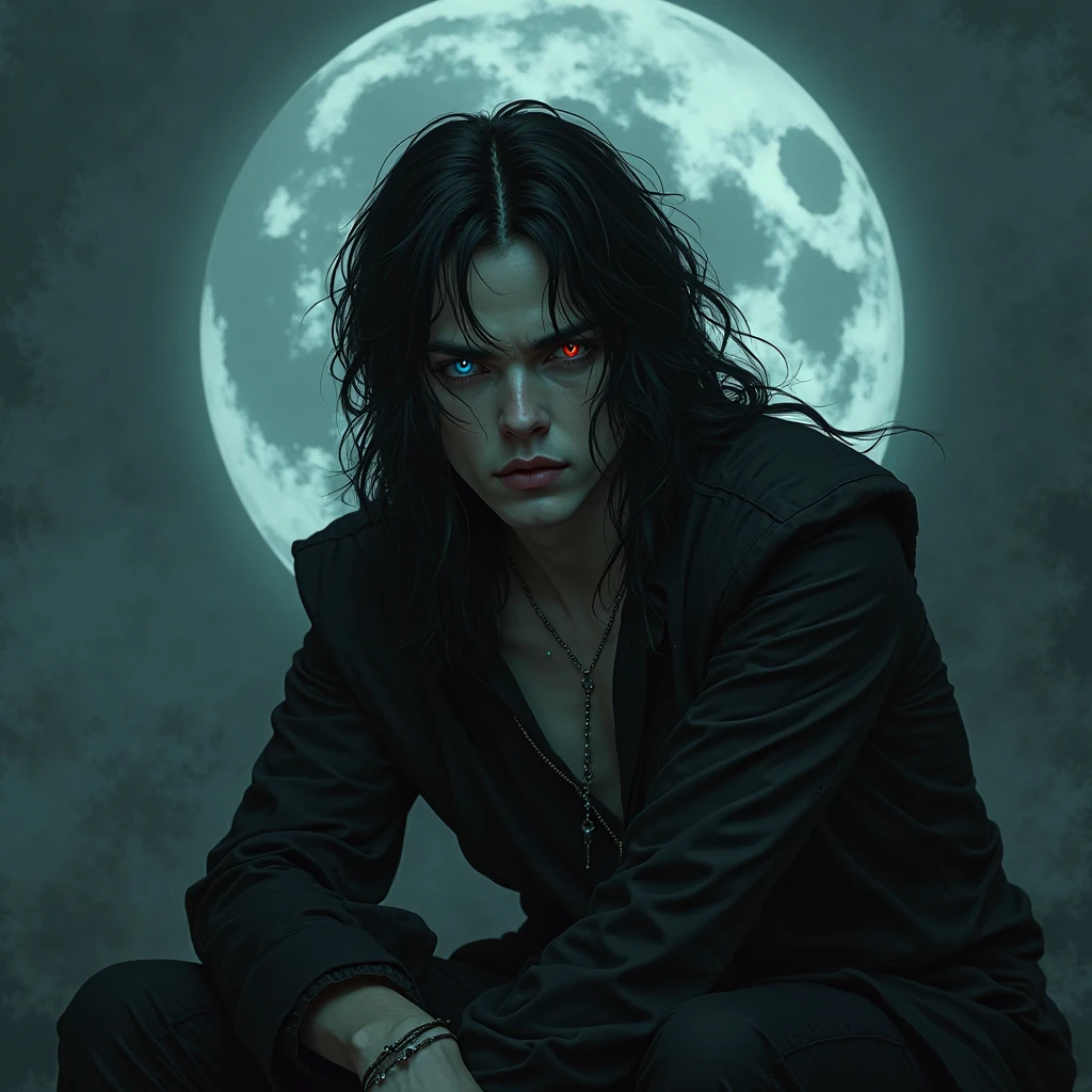 A sexy young male with long black hair, teal blue eyes with shiny gothic clothing, sitting under the moonlight. (((Gloomy atmosphere))) ((gloomy))) (((unhappy))) (((despair))) Surreal, Insanely detailed, Detailed face, extremely detailed texture, Ultra Detail, Detailed face. Exquisite details and textures, no facial or body hair. ((Depressed)) ((smooky)) (((heavy rain)) ((rainy)))) (((cold))) (((forest)))