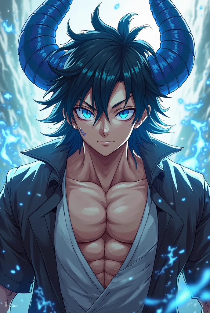 Detailed Anime Style, Masterpiece, Studio Quality, 6k, Full Body Shot, 1boy, Demon, Tusks, Teeth, Gray Eyes, Colored Skin, (Blue Colored Skin 0.9), Goth, Heavy Set, Black Hair, Detailed Background, Japenese Modern Town, Complementary Colors, Cinematic Lighting, Detailed Shading, Digital Texture Painting