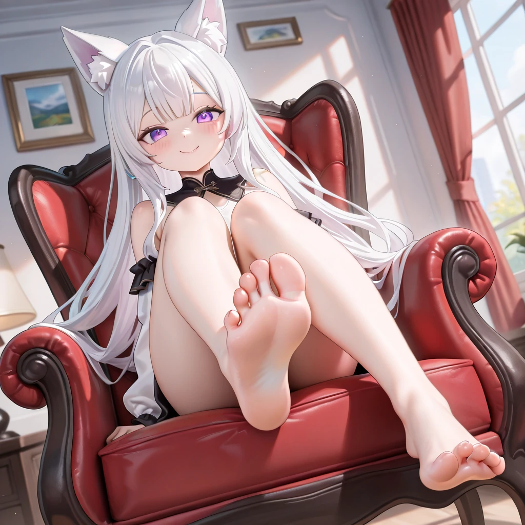 Girl, white hair, cat, neck collar, no clothes, (NSFW:1.2), shy, sweating, big breasts, medium thighs, sitting on a chair, legs spread,