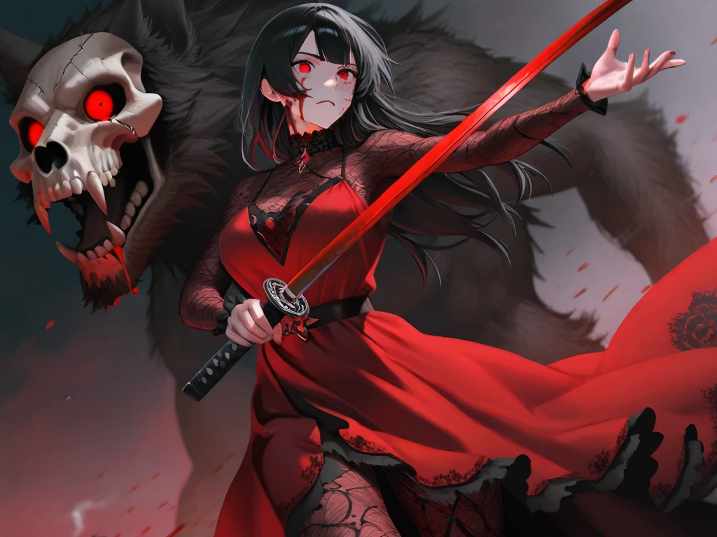 [(36-year-old Kawaii girl:1.2) (Black and red layered one-piece with a dramatic lace collar)], [(struggle against a shape-shifting adversary in a dense fog, where visibility is near zero and forms are ever-changing:1.3)], pixar