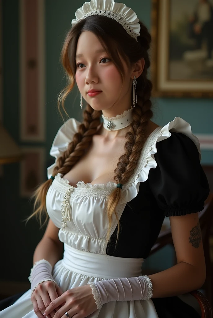 
A busty woman with a tight skirt and hair braided into a complex, elegant style is portrayed in a stunning scene. Your braided hair displays a variety of patterns and textures, demonstrating skill and art in creating the hairstyle.

The woman is portrayed with a confident posture, sorridente e orgulhosa, destacando sua beleza e autenticidade. Your facial features are distinct and expressive, reflecting your individuality and inner strength.

The scene is softly lit, highlighting the details of the braided hair and the beauty of the woman. Your presence is captivating, conveying a sense of grace and determination.

This depiction of a black woman with braided hair is a celebration of black culture and beauty., capturing the elegance and pride of a traditionally significant hairstyle. na rua na praca