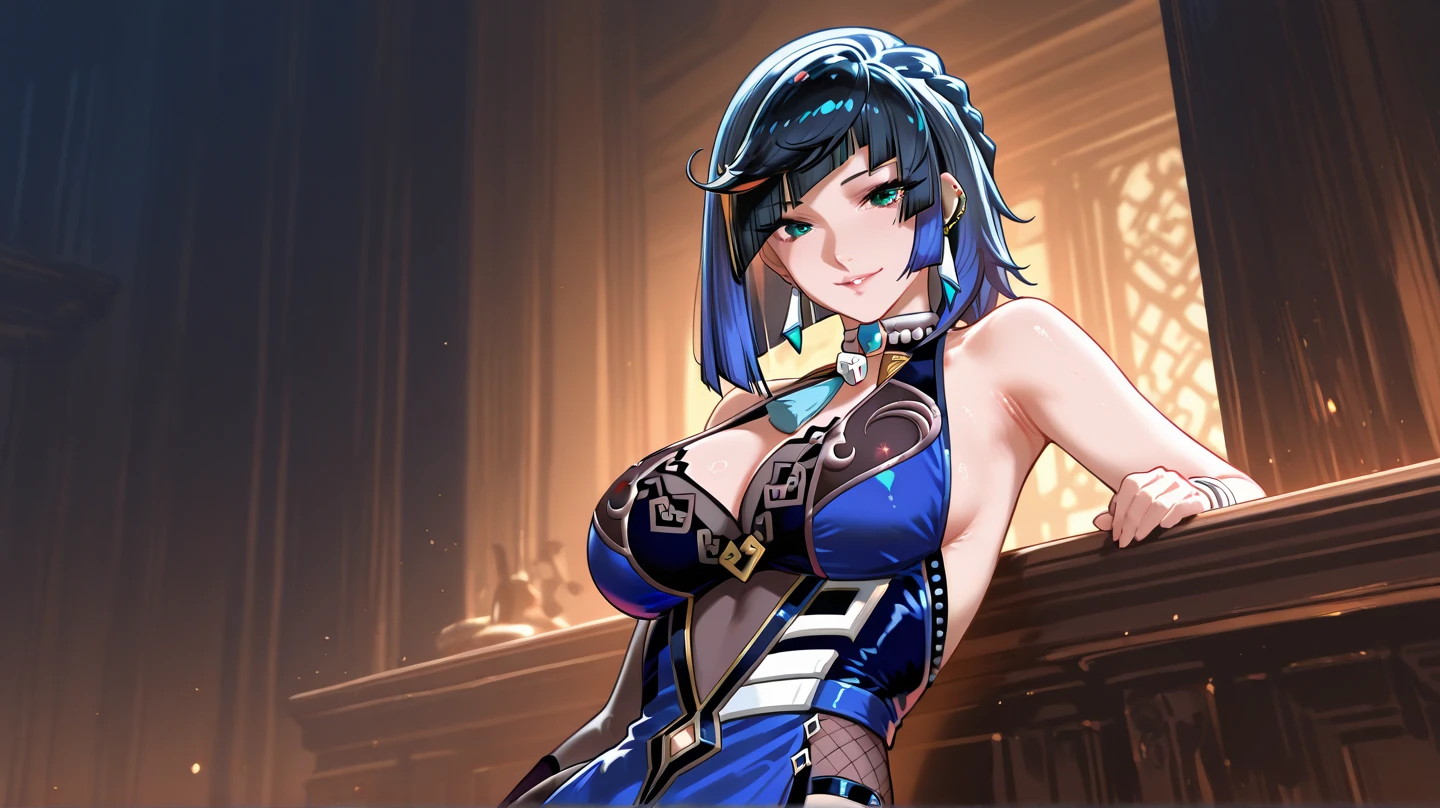 Digital painting of a girl with royal blue and black hair, Hero, Muscle Girl, frying, Pause, Raise your fist, From above, 1 Raise your knees, Behance Contest Winner, Afrofuturism, Synthwave, neon, glowing neon, Huge saggy breasts,cape,highschool skirt,((cute smile)),