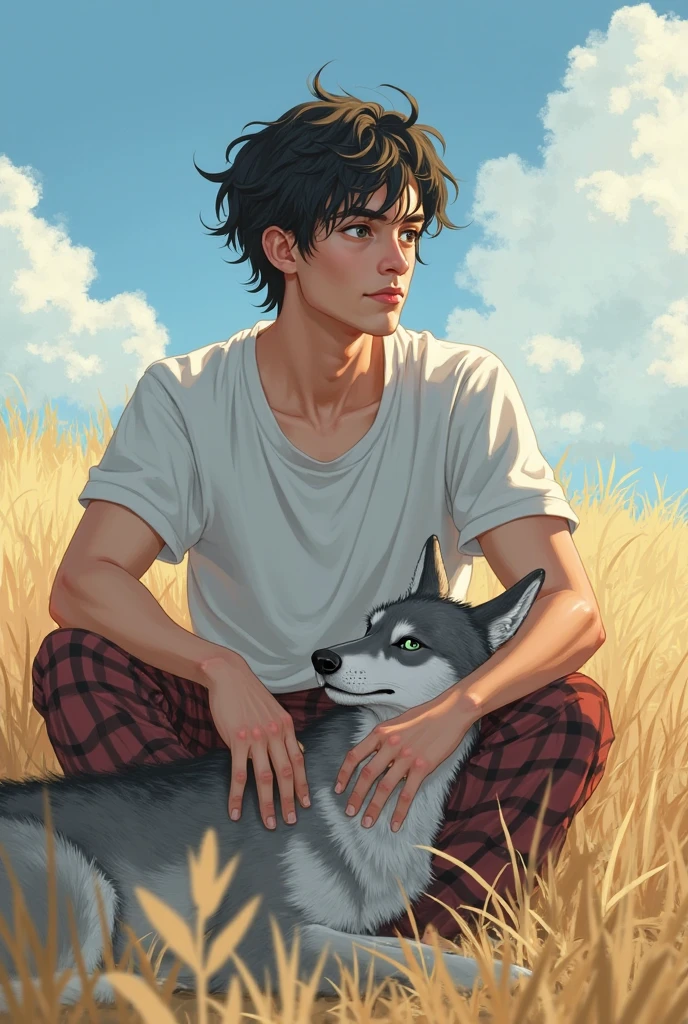 solo, Australian shepard, boy, slender, day, ((twink)), uploaded to e621, beautiful and detailed portrait, (((male))), kenket, uploaded to e621, ( japanese girls track outfit), bulge, ripped clothes, libido throbing, libido out, clotheles