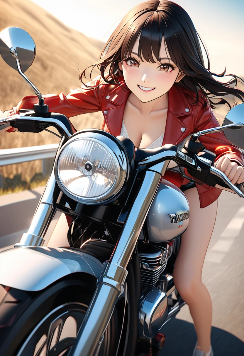 (One woman),(Best image quality, 8k, masterpiece:1.3), Anatomically correct, ((Brown hair bob cut:1.1)),(Swept-apart bangs,), (Cute eyes, Dark Eyes), (Mole under right eye), (thin),(Glowing Skin:1.1),(Pale skin:1.2),(Fantasyな雰囲気),(look up),Ultra-high resolution, Textured skin, Sparkle Effect, Fantasy,Bright Eyes,adult,

Black Riders,Black hot pants,Black leather gloves,Black Leather Boots,Round goggles,Black American helmet,Black spats,Absolute area,

Riding American Motorcycles,Riding a motorcycle,Seaside Road,sunset,Sunset,

Lots of white space, Red sports bra,Cleavage,Rin々Funny face,
