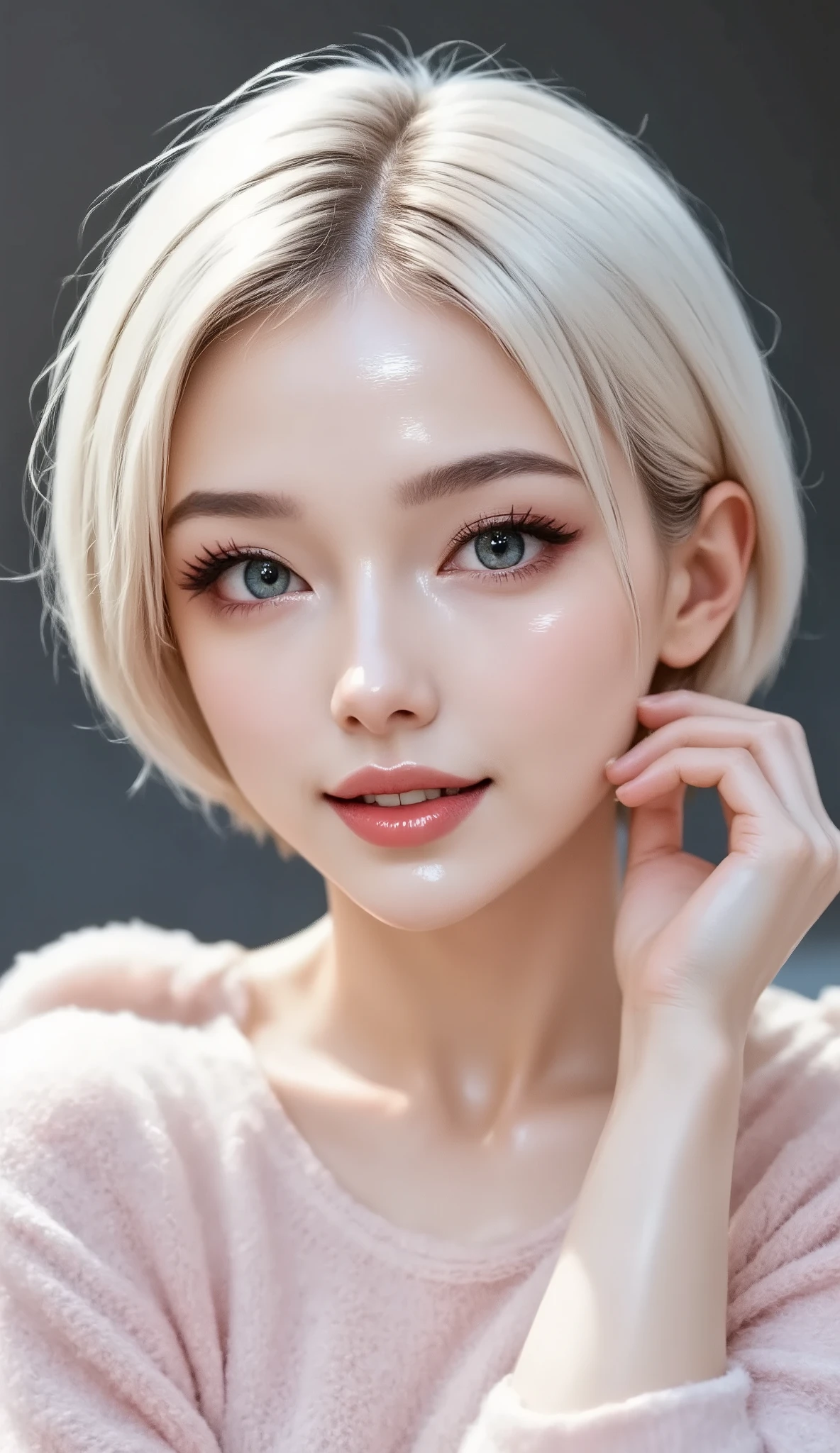 This is a highly detailed, close-up photograph of a beautiful woman with a fair complexion. She has a short, bob-style haircut with a strikingly white, platinum blonde color, giving her a modern, edgy look. Her hair is straight and neatly cut, with a fringe that frames her face. She has piercing blue eyes accentuated with dramatic, bold red eyeshadow that extends to her temples, complemented by long, thick lashes. Her eyebrows are well-defined, and she wears a natural, pink lipstick that complements her overall makeup look.
Her complexion appears glossy and slightly oily, with light reflecting off her forehead, cheeks, and nose, giving her skin a shiny, dewy finish. The woman’s expression is neutral, with slightly parted lips, suggesting a calm and composed demeanor. She is gently touching her face with one hand, with her fingers resting lightly on her cheek, adding a delicate touch to the image. She is wearing a soft, pastel pink sweater with a fuzzy texture, which contrasts gently with her smooth, shiny skin.
The background is a blurred, dark gray, ensuring that the focus remains entirely on her face. The lighting is soft but bright, highlighting her features and the gleam of her skin, giving the photograph a professional, high-fashion feel. The overall composition and styling suggest a contemporary, editorial portrait style.