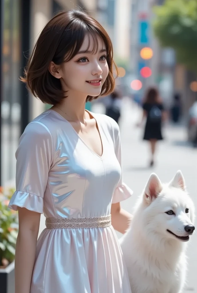 Silver semi-long hair　　smile　Beautiful face like an actress　Maid clothes　Outdoor dog ears