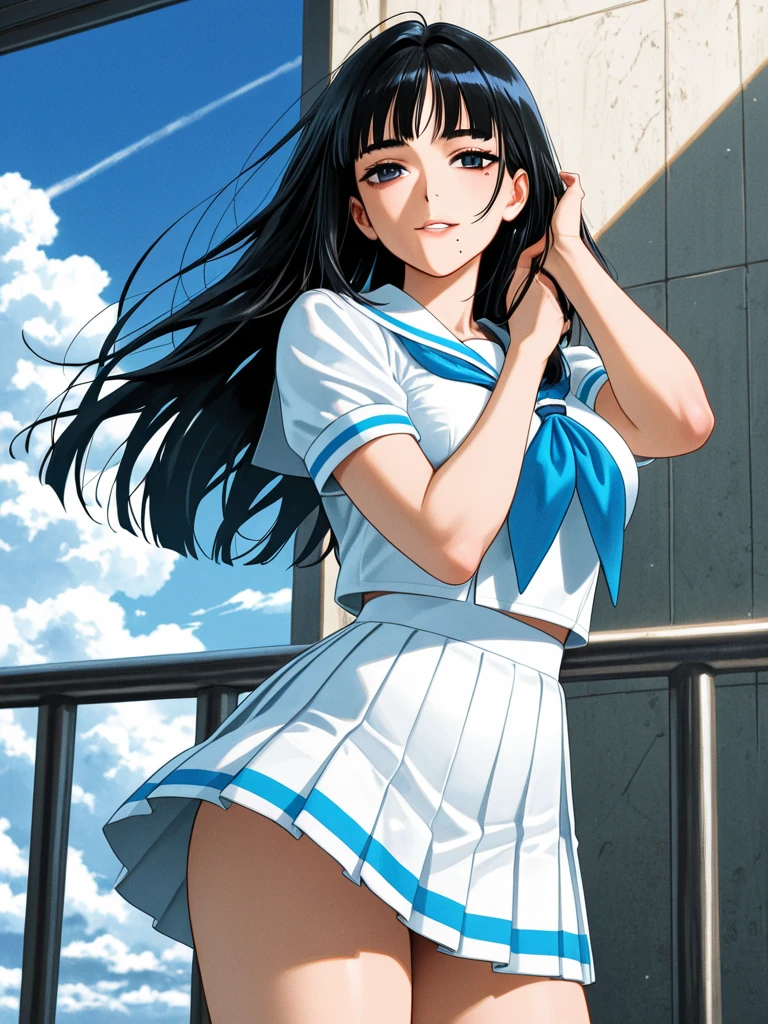 Mizushima Asa, a girl with big breasts and beautiful legs, is standing in a bus wearing a white uniform with a miniskirt and showing off her blue and light blue striped panties.。Angle from behind。