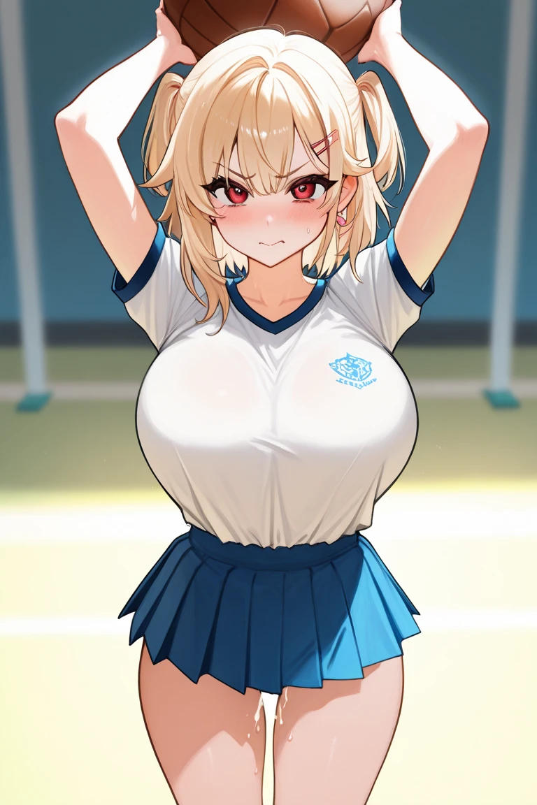 (( close、16K、Highest quality、Attention to detail、Rich skin detail, Browsing Caution、Chubby))、 (Beautiful Eyes), ((Huge breasts、Armpits、Hands behind head、Spreading her legs、Sitting、Sweat、vapor))、 ((Shirt lift、Huge nipples))、((Blonde、white high leg panties、Red ribbon))、(Cheerleader、Red short dress、Red mini skirt)、(blue eyes、Three white eyes)、((Twin tails、Long Hair、Straight hair)), ((blush))、(Wide Hips、Thick thighs)、((((surprised、Embarrassing))))、((On stage))