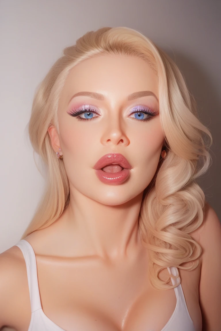 1girl, solo, messy hair, short hair, perfect eyes, detailed eyes, big breasts, indoors, highly detailed portrait, bimbo, bimbolips, pink lace bra, pale skin, pink lips, pink lipstick, blonde, blonde hair, wispy bangs