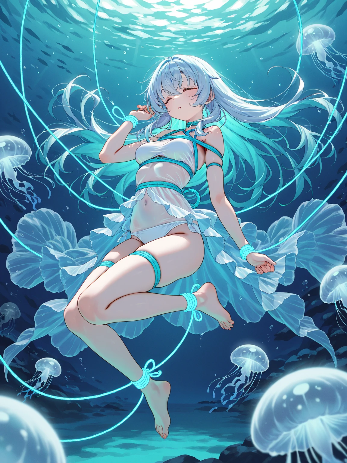 (Masterpiece, Best quality, Ultra-detailed, Best Illustration:1.4), 1 Stone Man Girl, (Slime girl:1.4), (Transparent:1.3), (See-through:1.2),Sitting, ,No clothing,(refractions,Reflection:1.4) , transparent face, Transparent body, Transparent skin, sunshine day,water blue,Spring water background