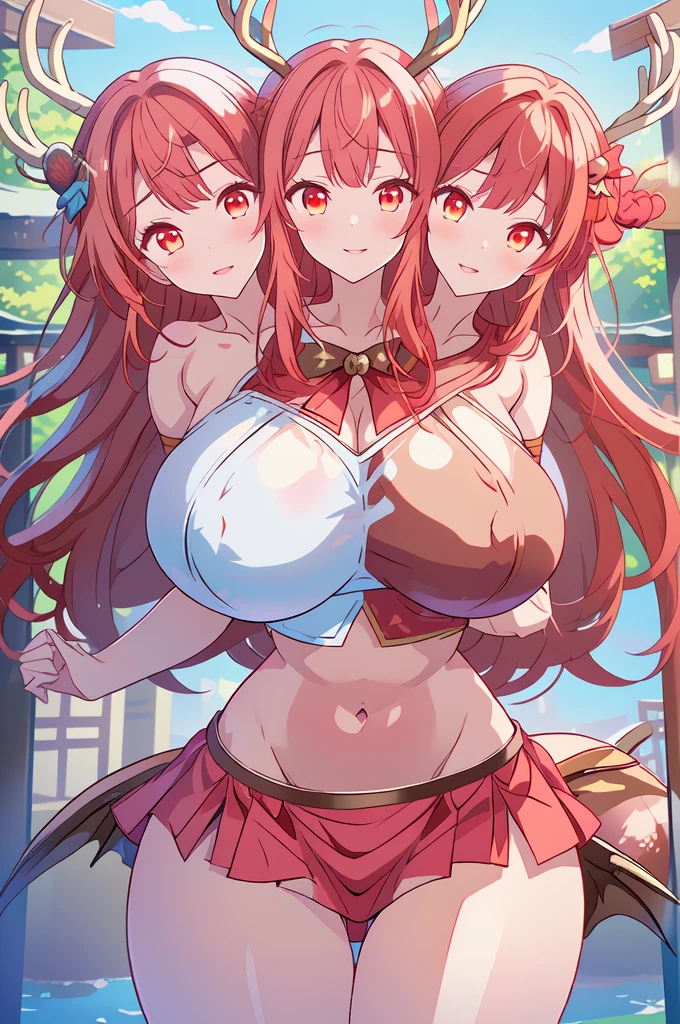 (masterpiece, best quality), best quality, (ultra-detailed), (3heads:1.5), 1girl, (Singyoku :1.3), masterpiece, best quality, ultra quality, ultra resolution, ultra detail, red top, crop top, ((stomach)), midriff, ((groin)), red skirt, normal ears, shackles, flowing red hair, very long hair, wavy hair, sidelocks, glowing red eyes, parted lips, detailed eyes, sweat, cute, toned belly, hand on own chest, eyelashes, (24 year old woman:1.3), (masterpiece:1.5), (best quality:1.5), (beautiful detailed), extremely detailed CG, extremely delicate and beautiful, depth of field, (finely detailed face), (perfect details:1.2), (mature female:1.3), wide pelvis, slender, large veiny breast, 16k resolution, highres, very high quality, very high definition, extremely detailed, masterpiece, flowing red hair, long hair, alluring presence, braid, short skirt, close up, big tits, young, horns, milf, girl with three heads,