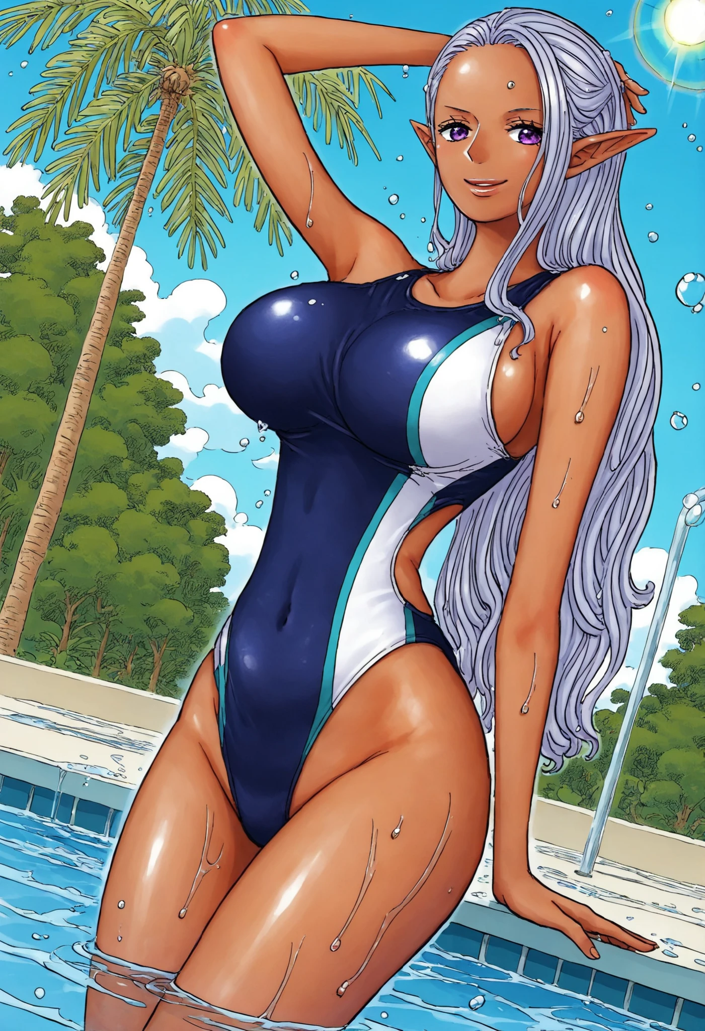 White hair，white skinned，bareness，femele，frontage，full bodyesbian，soaking wet，blue color eyes，Golden ratio figure，South Korean succubus