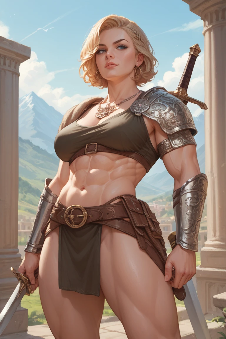 (masterpiece: 1.2, best quality), (Female Warrior),（woman）,（fully armed）， Brianna Hildebrand&#39;s Face，（Black leather armor），（Smoky makeup），Black lips，（Buzz cut），（Full body armor：1.5），（Dead fish eyes：1.5），Buzz cut，（Buzz cut），flat chest，Arrogant gesture，Cold beauty face，Cool，Dark atmosphere，Fluffy cut，背景是一个desolate的平原，Gray sky，Master Illustration Reality, vintage, space, (Real images, Intricate details, Depth of Field), (1 girl, Unique), cosmetic, Very detailed, Perfect face, , transparent,, (Small Breasts: 1.1), (Skin Dimples), Thick thighs, Wide hips, Thick waist, full body armored, Yellow and black theme, A top-down view, desolate，bust